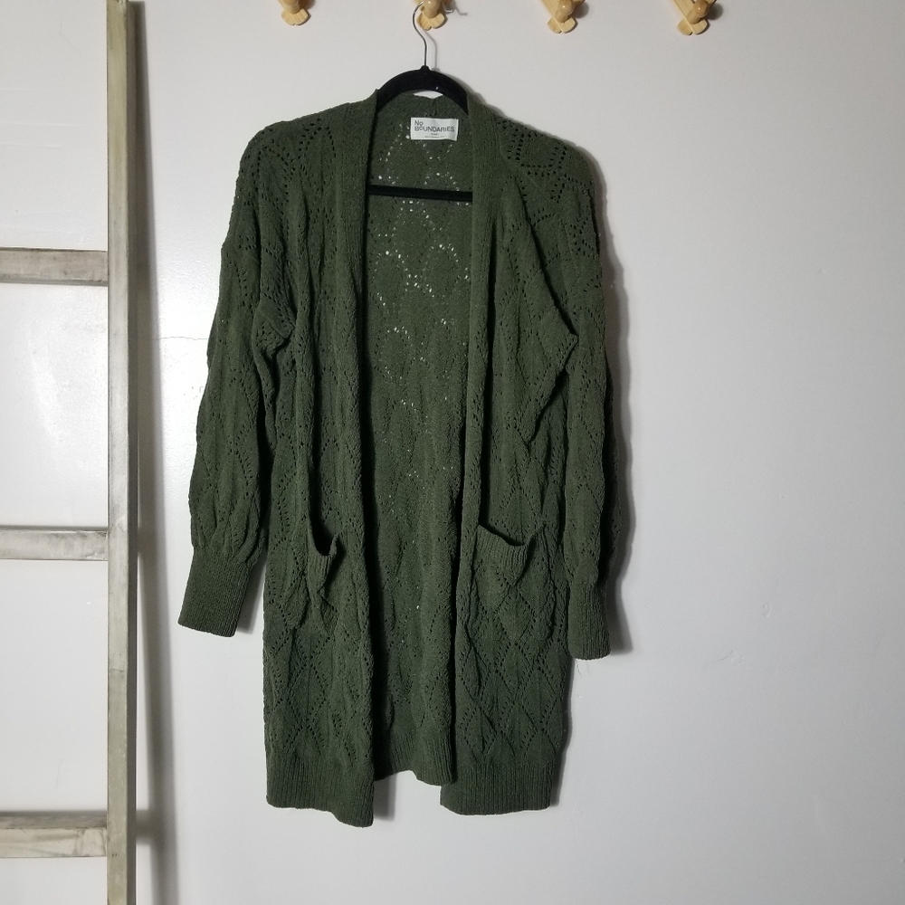 NO BOUNDARIES WOMEN'S OLIVE GREEN OPEN KNIT CARDIGAN SIZE MEDIUM